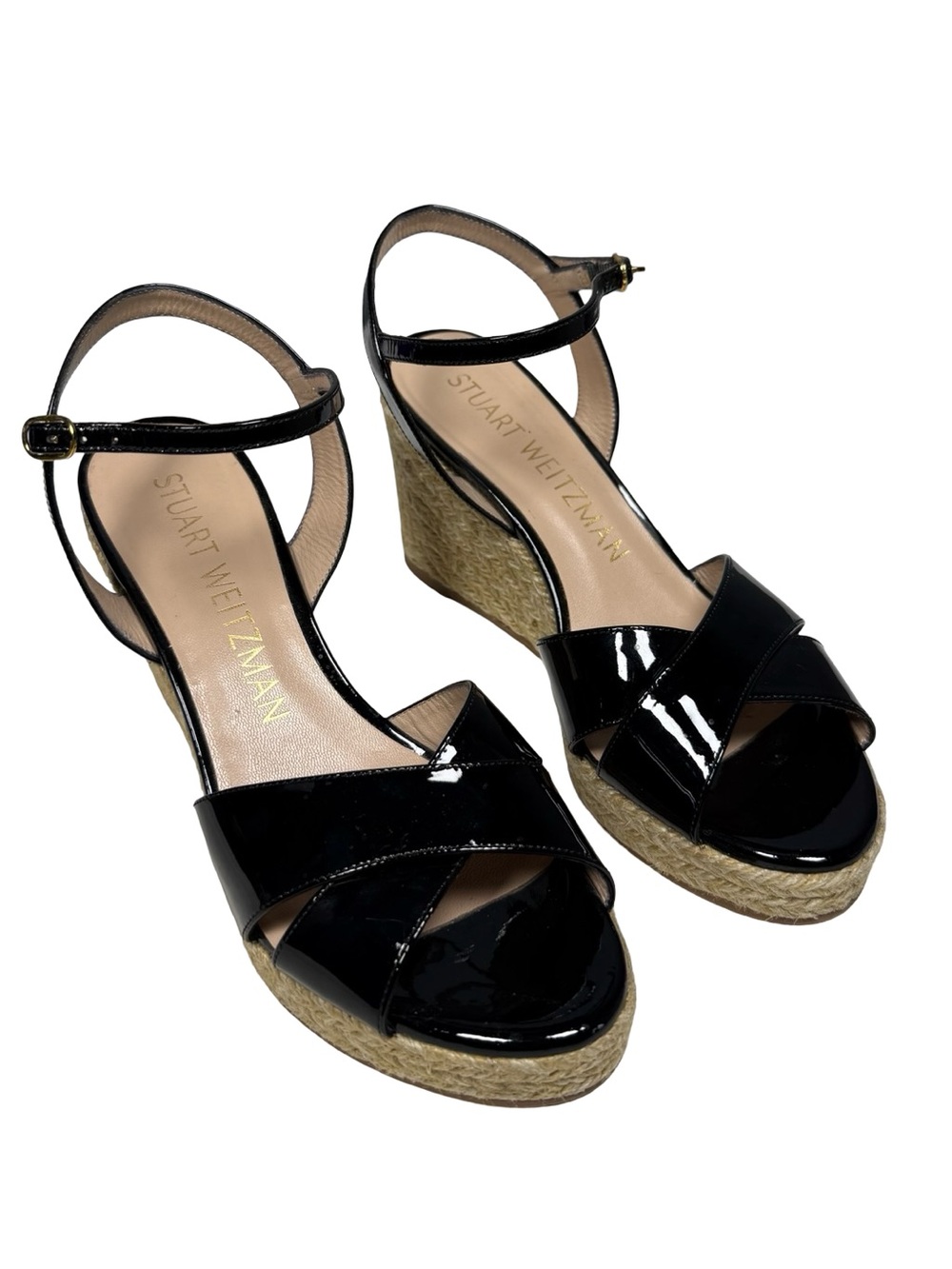 Stuart Weitzman Black Patent Leather Espadrille Wedge Sz 8 Coastal Resort Sandal